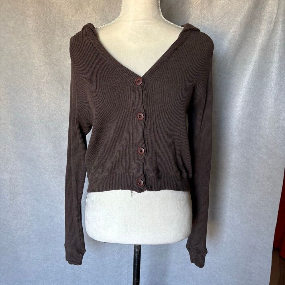 Monrow Ribbed Hooded Brown Button Down Cropped size M